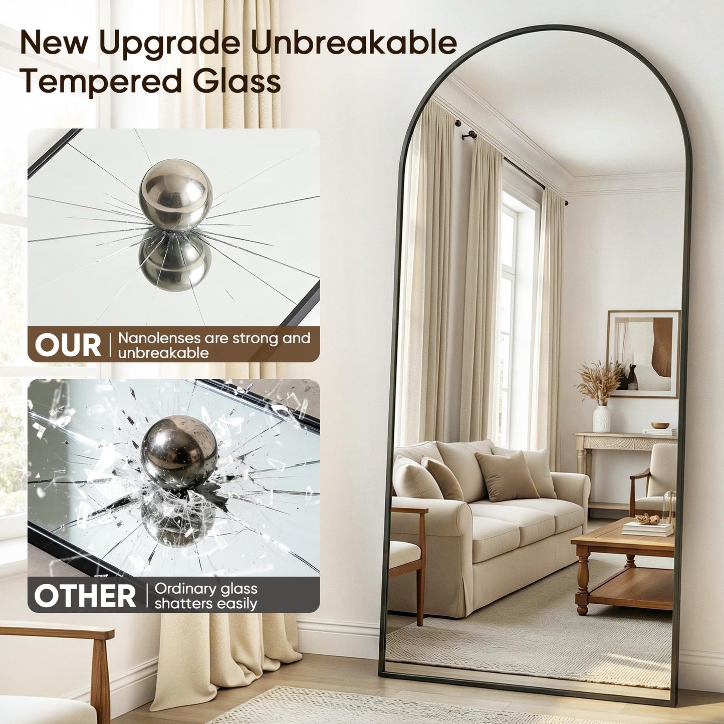 Antok Full Length Mirror, 90"x46" Floor Mirror with Stand, Hanging Mounted Mirrors for Bedroom, Living Room, Cloakroom, Dining Room, Black, Arched