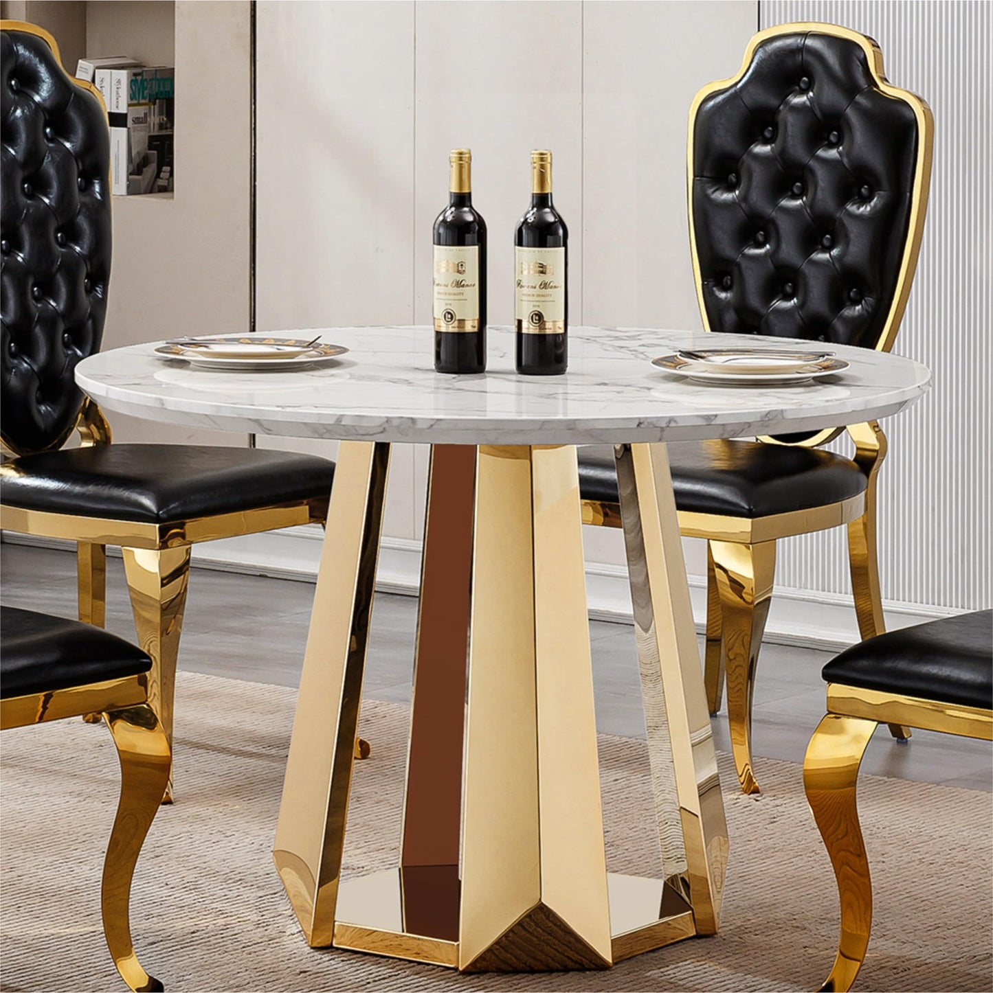 Glyph Form Round Faux Marble 47" Dining Table for 4-6, Luxury Gold Kitchen Table with Stainless Steel Base, Easy to Clean & Heavy Duty Modern Dining Room Table for Home Office, White, MDF(Table Only)