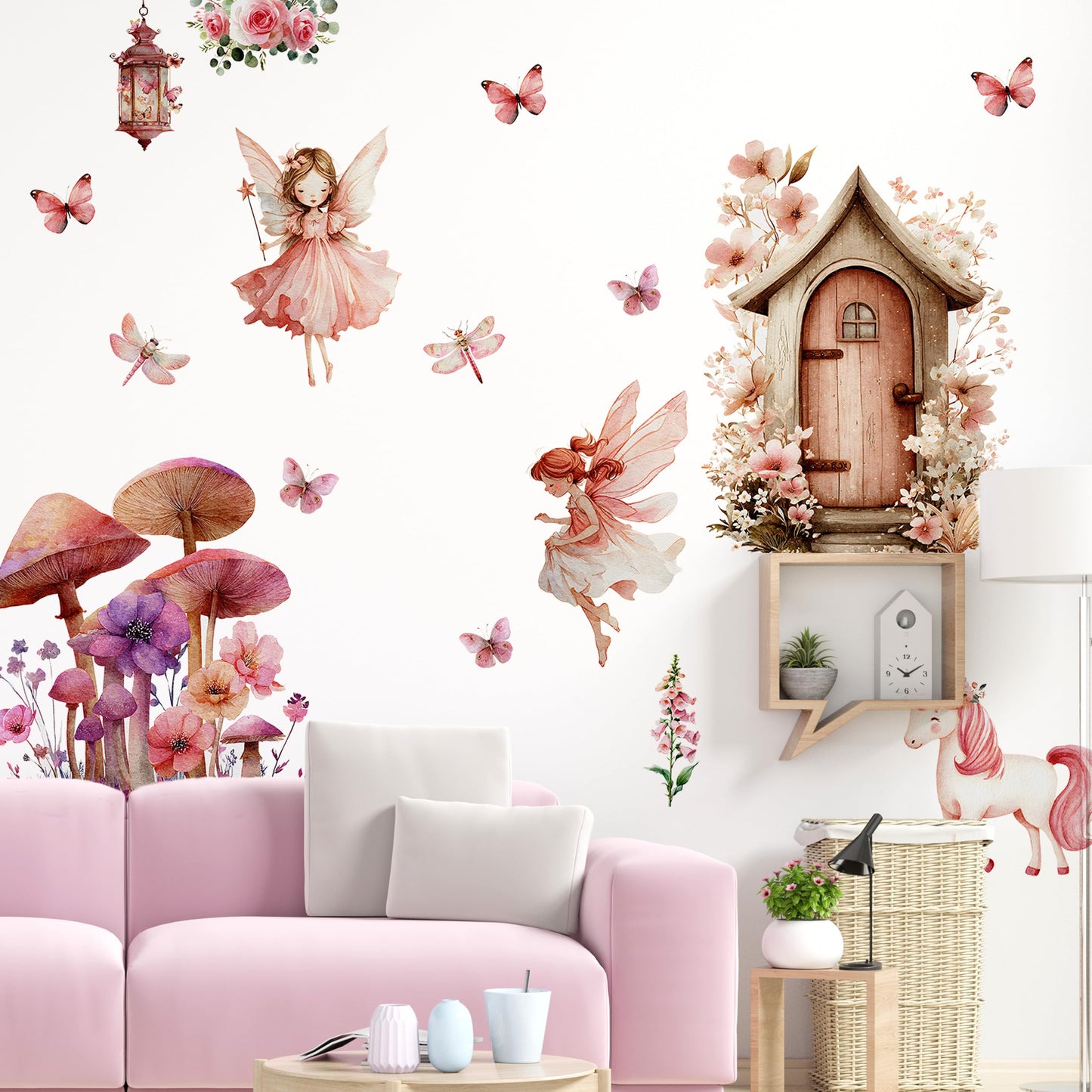 Flower Fairy Wall Decals, Mushroom Butterfly Elf Art Wall Sticker, Peel and Stick Butterfly & Flowers Airy Decor for Kids Girls Room Baby Nursery Bedroom (Mushroom Fairy Wall Decals 251)