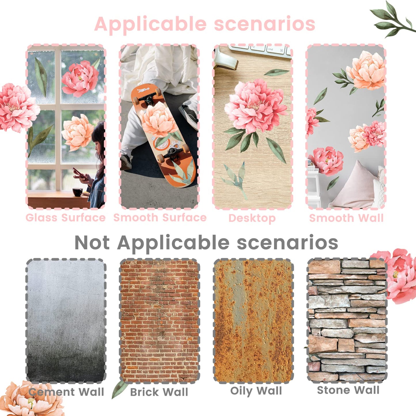 Peony Flowers Wall Decals, Watercolor Elegant Peonies Rose Floral Wall Stickers, FODIENS Pink Blossom Flower Wallpaper Art Applique for Living Room Bedroom Girls Room