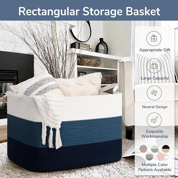Goodpick 105L Extra Large Woven Basket 25" x 16" x 16" Cotton Rope Storage Baskets for Organizing, Rectangle Blanket Basket Living Room, Toy Storage Baskets for Kids, Blue