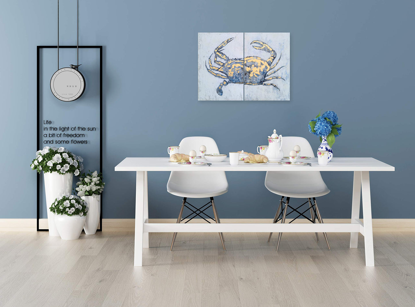 Yihui Arts Blue and Gold Foil Crab Diptych Wall Art - Nautical & Retro Art Decor for Home