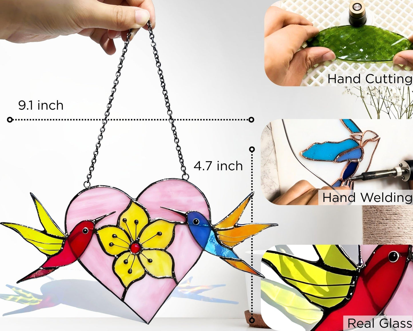 AuroAura Pair of Hummingbirds Stained Glass Window Hanging - Gifts for Women, Mom, Grandma, Mother - Handmade Real Glass Birds Suncatcher - Elegant Gifts Box Heart Figure Home Decor (H4.4xW8.7 Inch)