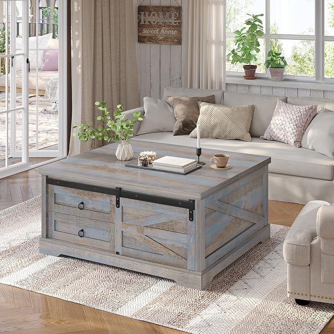 Itaar 39.4'' Lift Top Coffee Table with Storage, Farmhouse Coffee Tables for Living Room, Square Coffee Table with Large Hodden Compartment & 2 Drawrs & Adjustables Shelves (Blue)