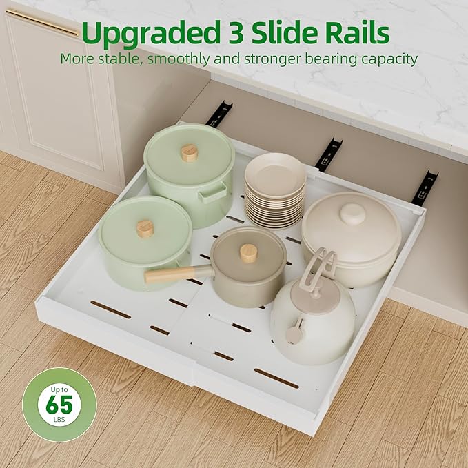 PAKETA 1 Pack Expandable Pull Out Cabinet Organizer, 21'' Deep Pull Out Drawers for Cabinets, Upgrade 3 Slide Rails Sliding Drawers for Cabinet with Adhesive Nano Film (White)