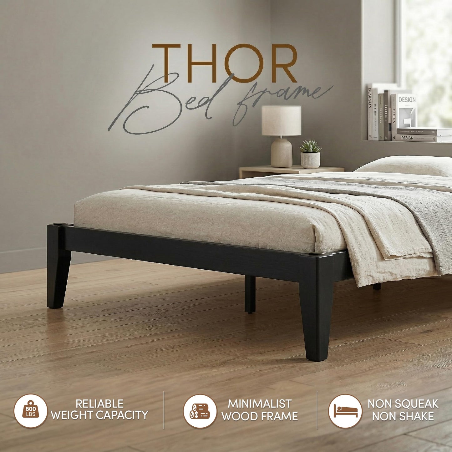AllForWood Thor Premium Solid Wood Bed Frame Full, Japanese Joinery Bed Frame with Wood Slat Support, Platform Bed, No Box Spring Needed, Easy Assembly, Minimalist & Modern Style (Midnight Charcoal)