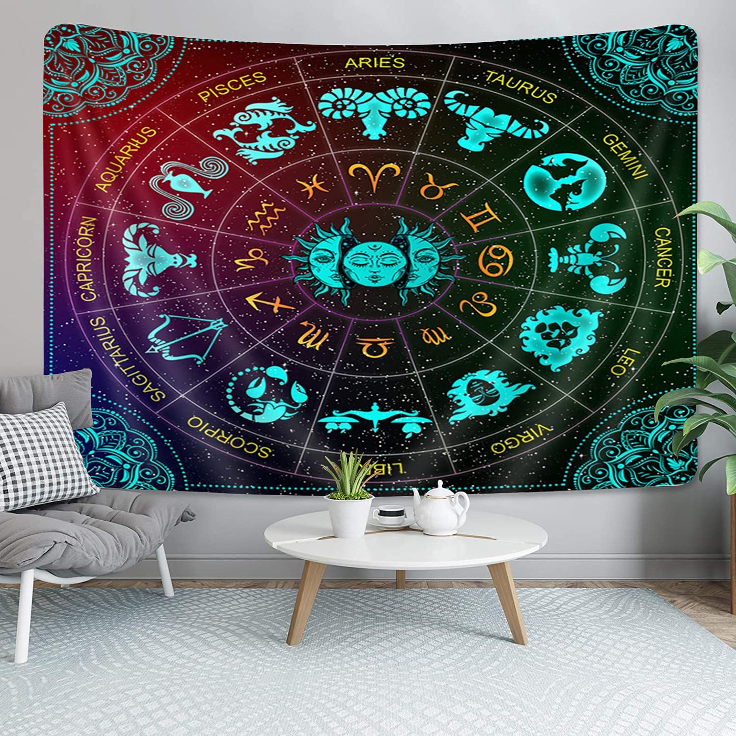 VeiVian Zodiac Astrology Wall Hanging, Sun and Moon Constellation Blacklight Art, Trippy Mandala Boho Witchy Wall Tapestry for Bedroom, Living Room, Dorm, (60x40)