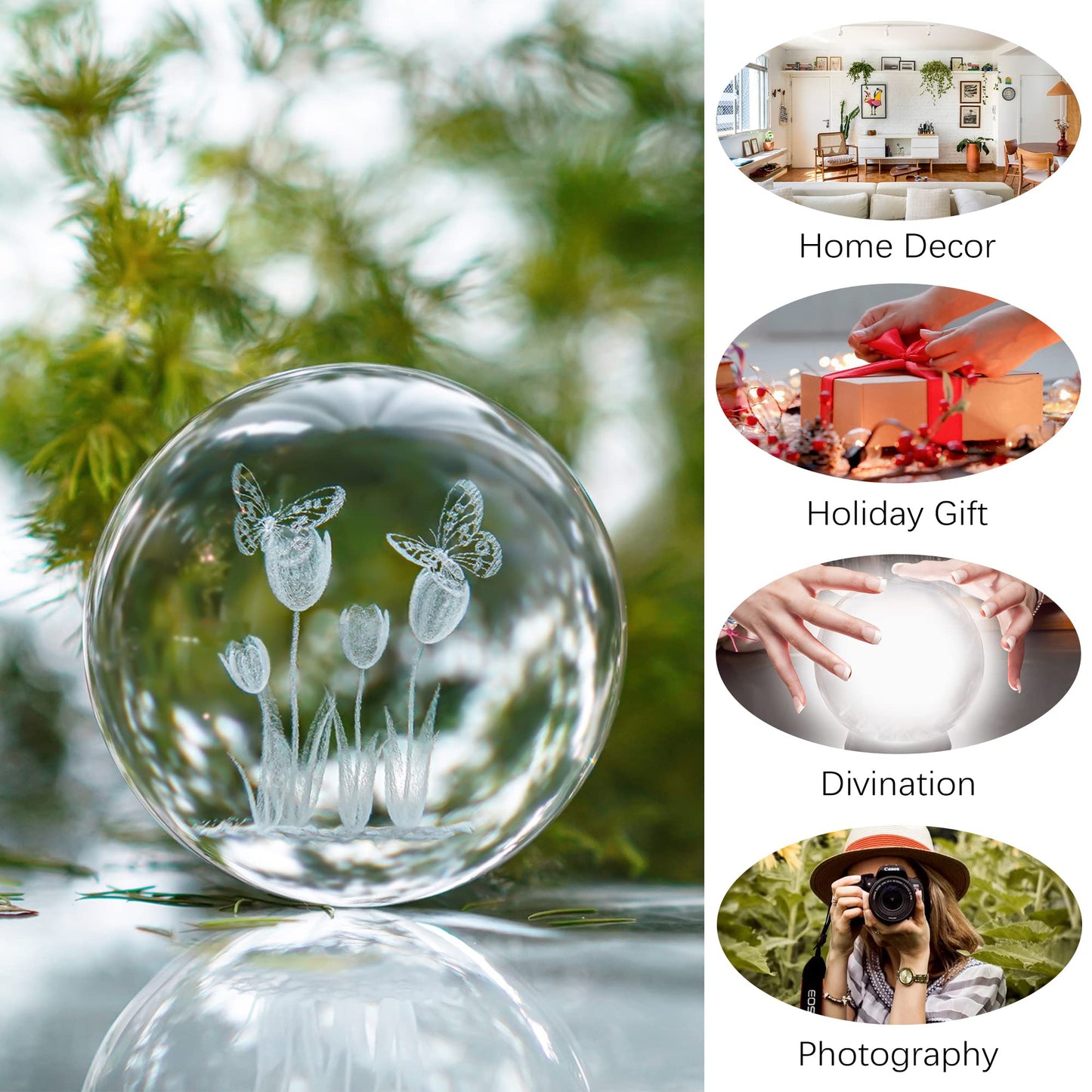 HDCRYSTALGIFTS 3D Laser Crystal Tulip Ball with Butterflies Paperweight - 60mm Engraving Decorative Balls Glass Full Sphere Figurine Decor
