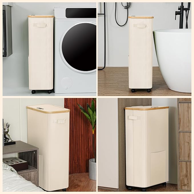 Laundry Basket with Wheels, Dirty Clothes Hamper on Wheels, Rolling Tall Laundry Hamper with lid for Laundry Room, Dorm and Bathroom, 75L Beige
