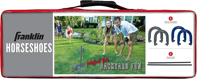 Franklin Sports Horseshoes Sets - Metal Horseshoe Game Sets for Adults + Kids - Official Weight Steel Horseshoes - Beach + Lawn Horseshoes Sets - Sets Include (4) Horseshoes and (2) Ground Stakes
