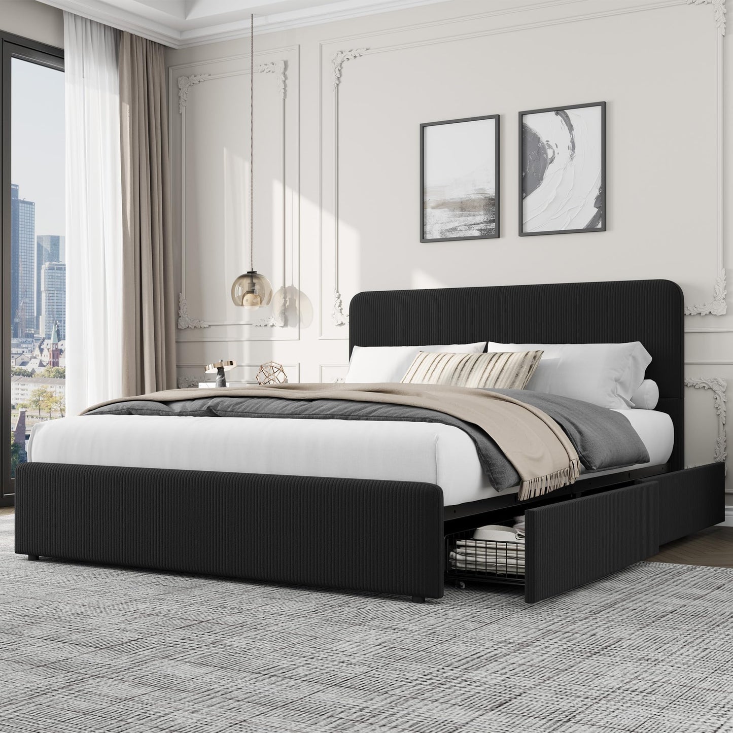 GarveeHome Modern Upholstered Platform Bed Frame with Headboard and Storage Drawers – Strong Wood Slat Support, No Box Spring Needed, Low Profile, Easy Assembly – Corduroy Black