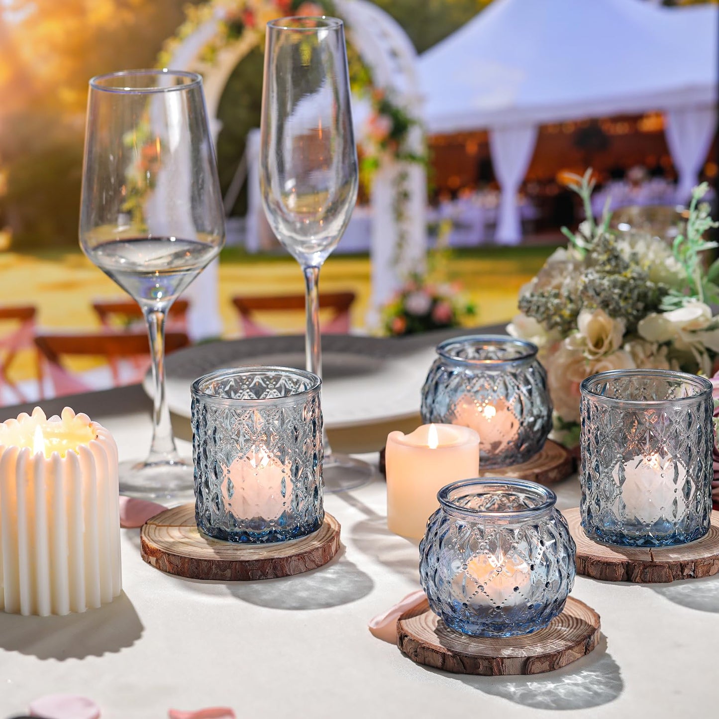 DARJEN Blue Votive Candle Holder Set of 20, Upgraded Size Tea Light Candle Holder Glass for Wedding Table Centerpieces, Elegant Bulk Votive Holders for Party, Proposals and Wedding Shower