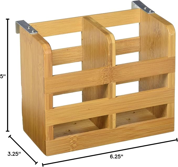 Lipper International 8823 Bamboo Wood 2-Compartment Flatware Holder with Metal Clips, 6-1/4" x 3-1/4" x 5"