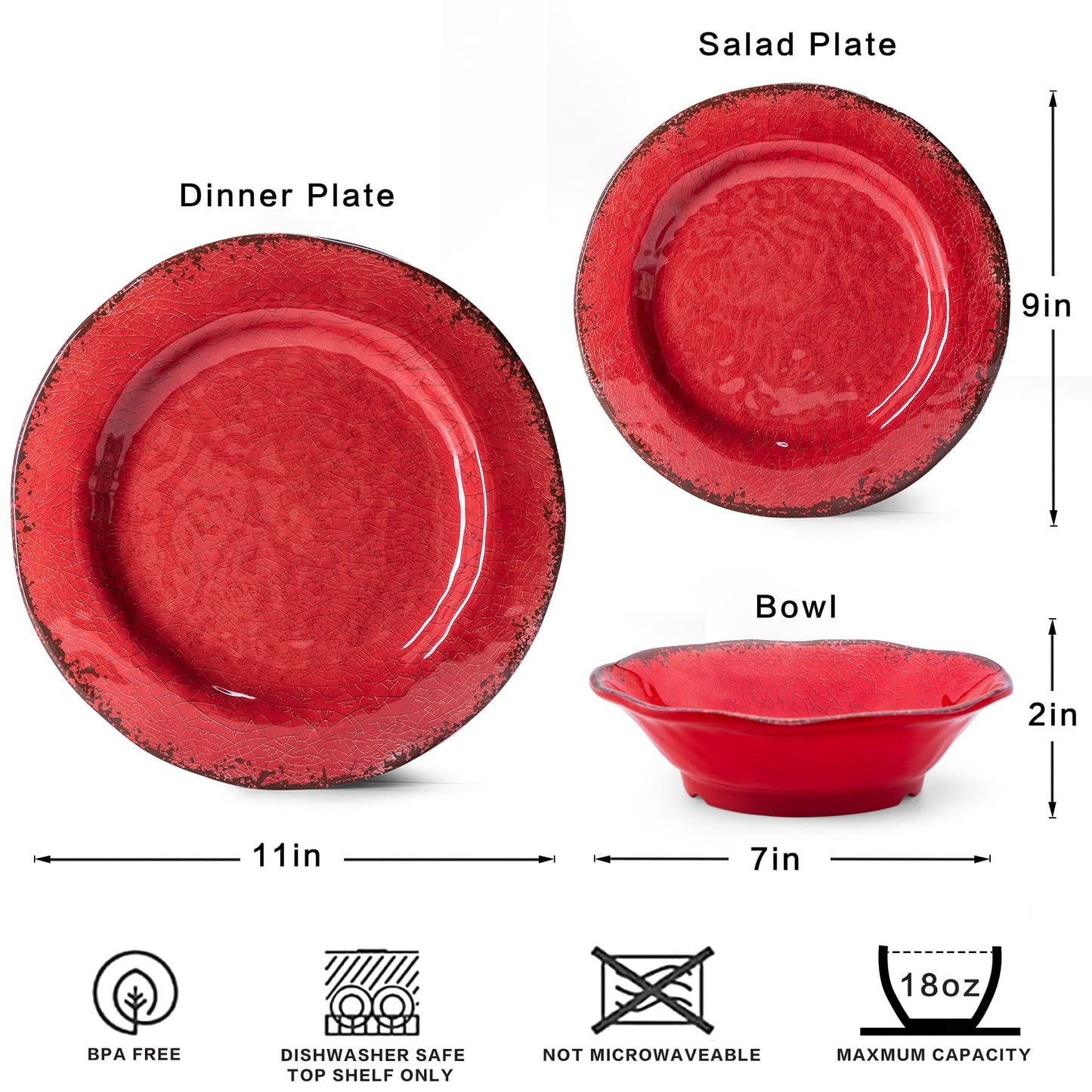 LEHAHA Farmhouse Plates and bowls set, 12 Piece Christmas Melamine Dinnerware Sets for 4,Lightweight and Unbreakable Dishes Set,Perfect for Indoor and Outdoor and Picnic use. Red