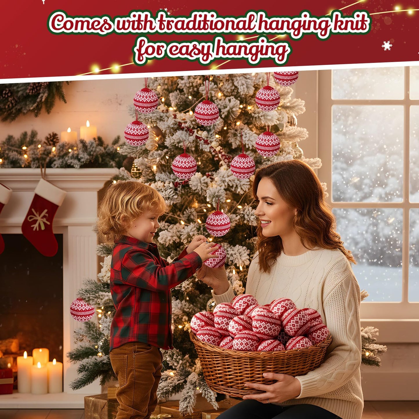 Weysat 12 Pcs 3.15" Red Knitted Sweater Christmas Balls Large Rustic Handmade Hanging Ball with Snowflake Pattern Christmas Tree Ornaments for Party Holiday Farmhouse Decorations Gifts