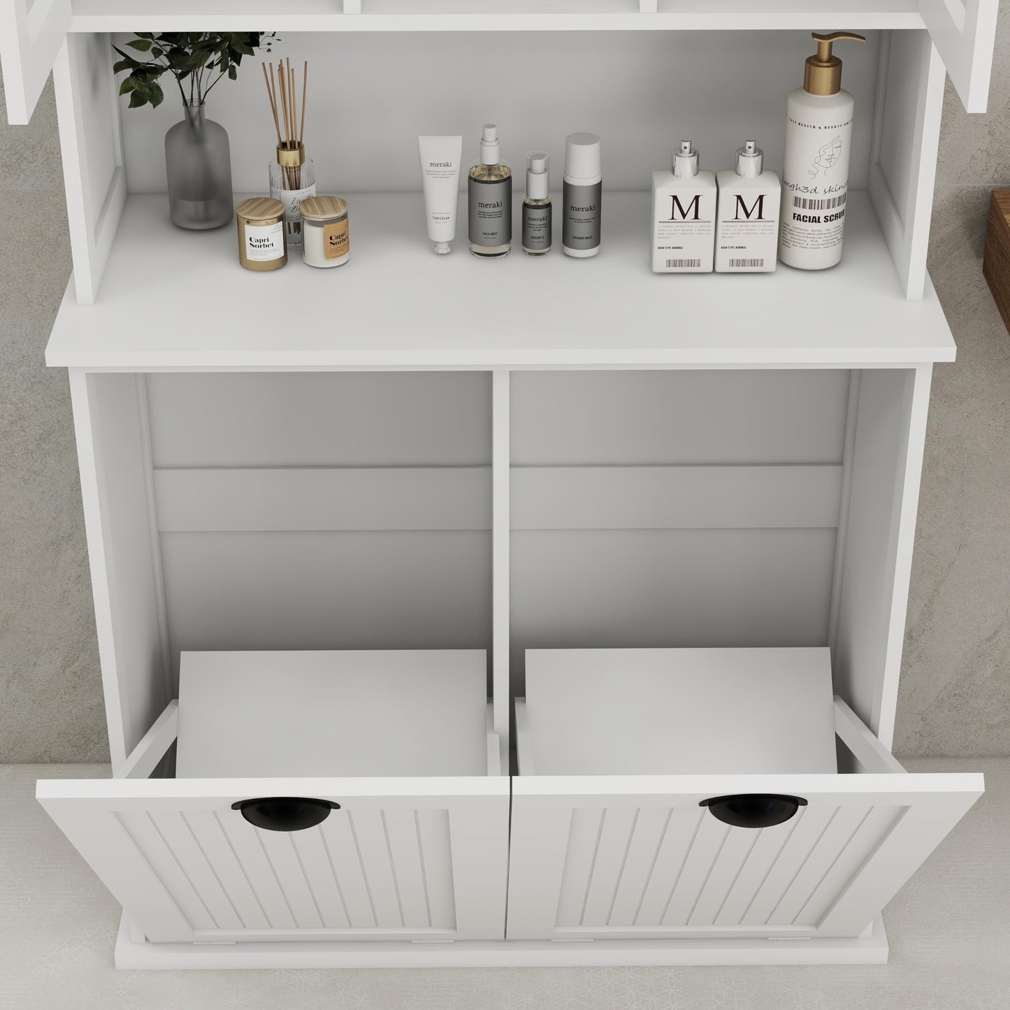 agnixnaf Two-Compartment Tilt-Out Dirty Laundry Basket Tall Bathroom Cabinet with 2 Adjustable Shelves-White