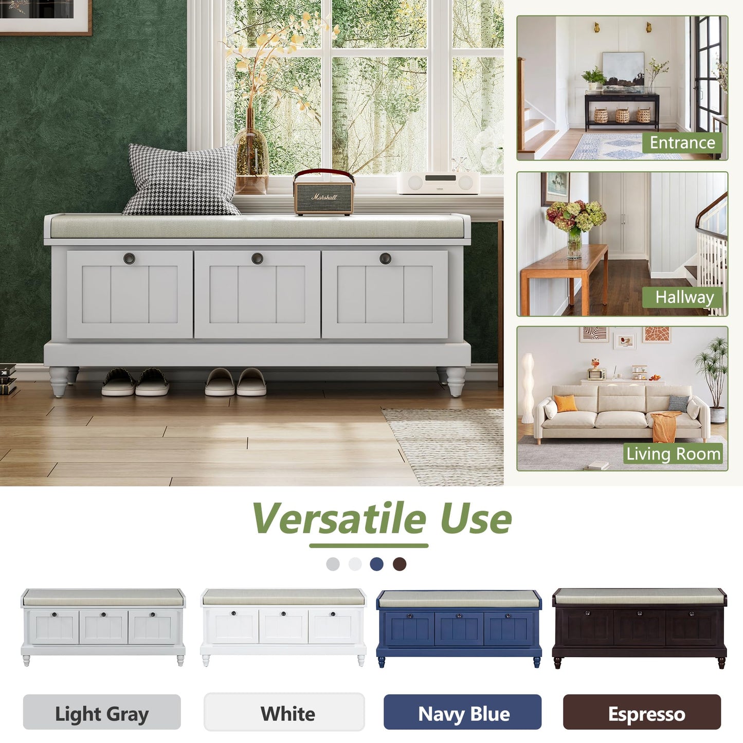 Merax Classic Storage Bench with Cushioned Seat and Three Drawers for Entryway & Living Room & Bedroom, Light Gray