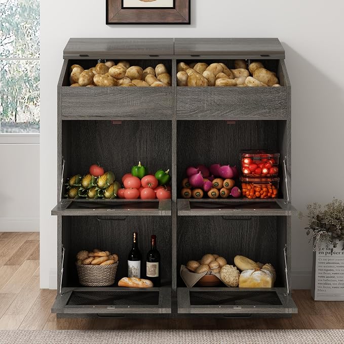 Potato And Onion Storage Bin with Lid,Veggie Bin W/6 Large Storage Box.Root Vegetable Storage Box For Kitchen,Farmhouse Potato Storage Bin W/4 Mesh Doors,Bread Keeper for Toast,Bagel,Donut,Cookies