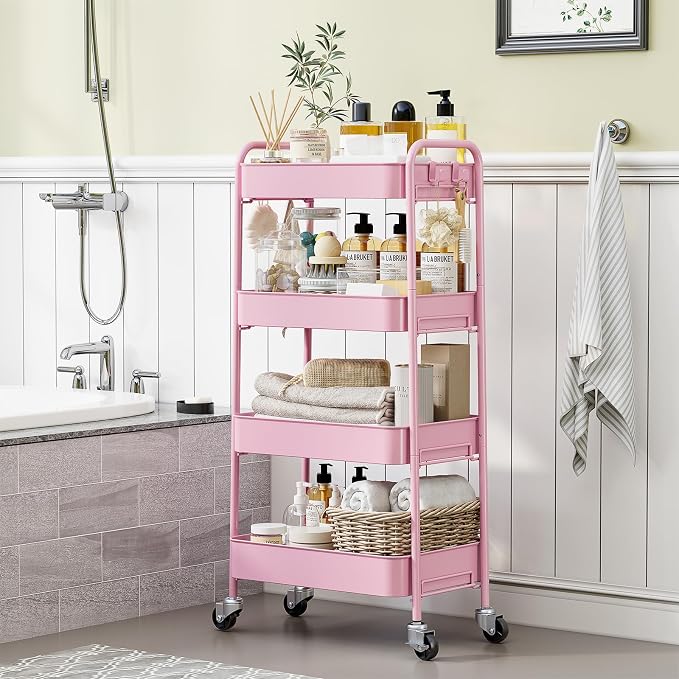 TOOLF 4-Tier Rolling Cart - Metal Storage Organizer with Lockable Wheels, 44 lbs Per Shelf Capacity, Tool-Free Assembly, for Kitchen Bathroom Office Laundry Room Nursery, Pink