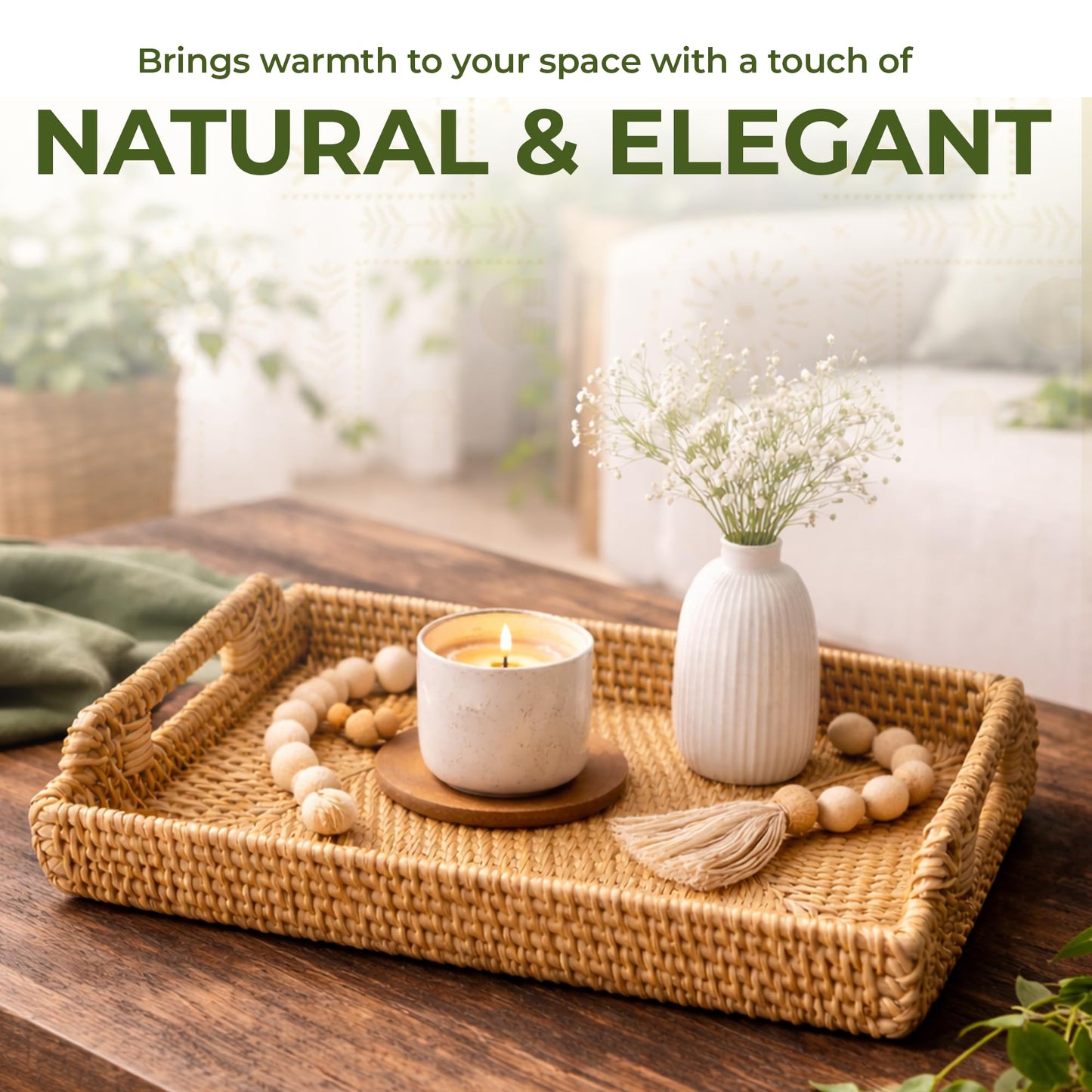 Rattan Serving Tray with Handles (11.4 x 16.9 x 2 in) โ Handwoven Wicker Tray for Coffee Table, Breakfast, Ottoman & Home Decor, Natural Woven Tray