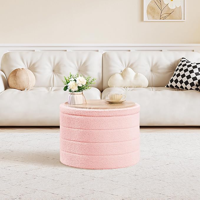 PINPLUS Ottoman with Storage, Foldable Round Ottoman Sherpa Stool with Tray, Boucle Foot Rest for Living Room, Bedroom, Dorm(Pink)