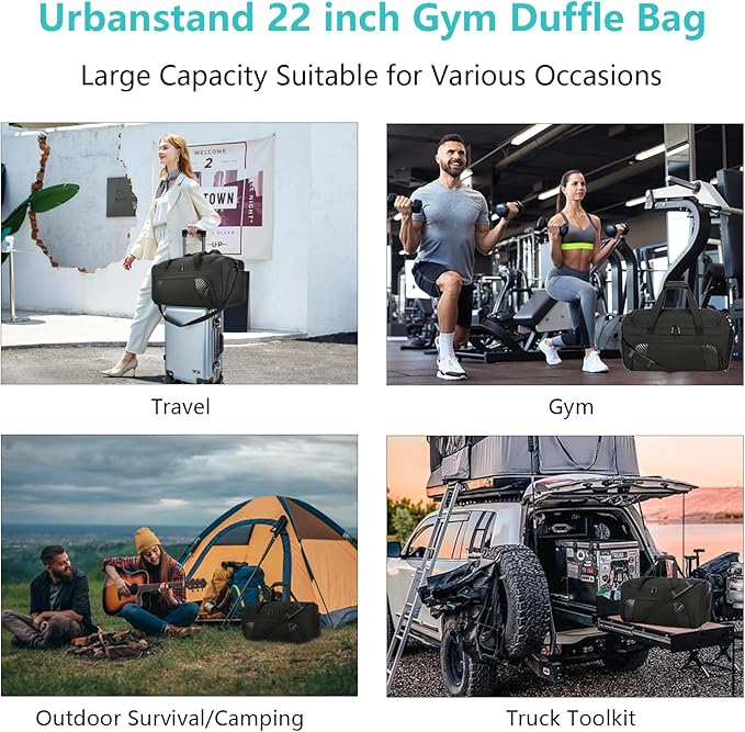Urbanstand Gym Bag for Men - 22 Inch Sports Duffel Bags with Shoe Compartment, Large Overnight Weekender Gym Carry On Duffle Bag for Sport, Camping, Fitness & Workout, Black