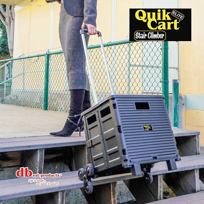 dbest products Quik Cart Elite Stair Climber Wheeled Rolling Crate Teacher Utility With seat Heavy Duty Collapsible Basket With Handle, Black