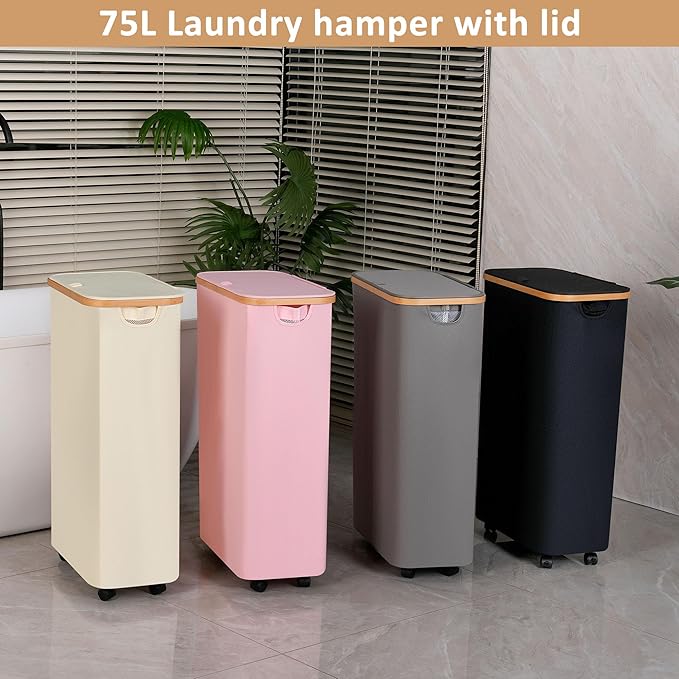 Laundry Hamper with Wheels,75L Laundry Basket with lid Rolling Clothes Basket Foldable Dirty Clothes Hamper on wheels with Bamboo Frame and Bag for Bedroom, Dorm, Laundry Room,Black(20 Gal)