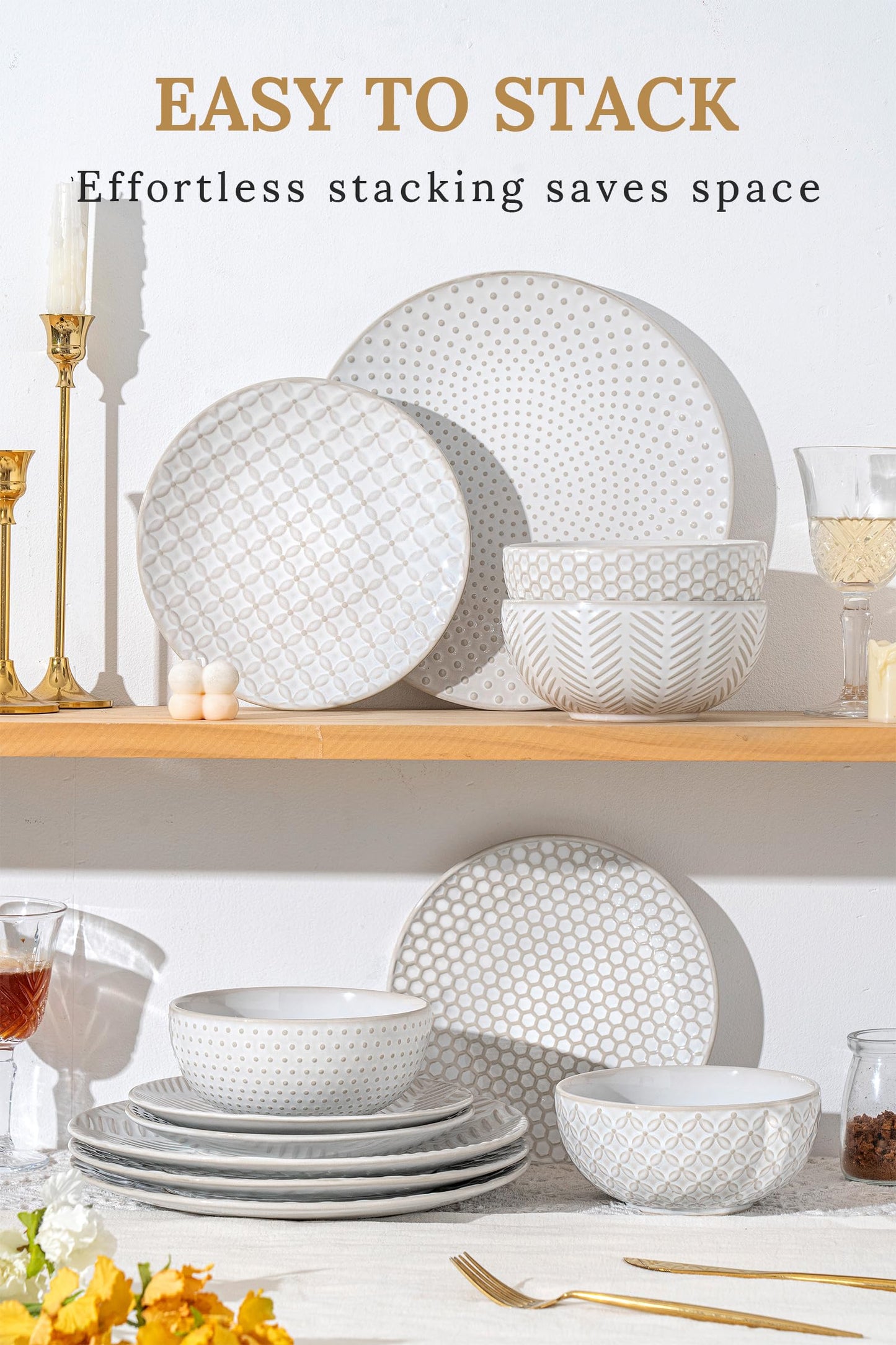 FOBENTA 12 Piece Embossed Dinnerware Sets for 4, Elegant Plates and Bowls Sets, Microwave & Dishwasher Safe, Stoneware for Stylish Home DiningโPerfect Housewarming Gift for Busy Families & Hostesses