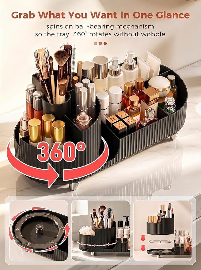 Booklov Rotating Makeup Caddy Organizer for Vanity, Large Capacity Cosmetic Display Case, Countertop Beauty Storage Holder for Skincare, Brush Eyeshadow Lipstick, Counter Desk Organization, Black