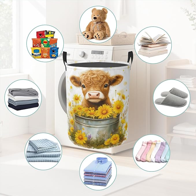 Cute Highland Cow Round Laundry Basket Collapsible Laundry Hamper with Handles Toys Clothes Organizer Bin For Home Bathroom Bedroom Dorm Nursery