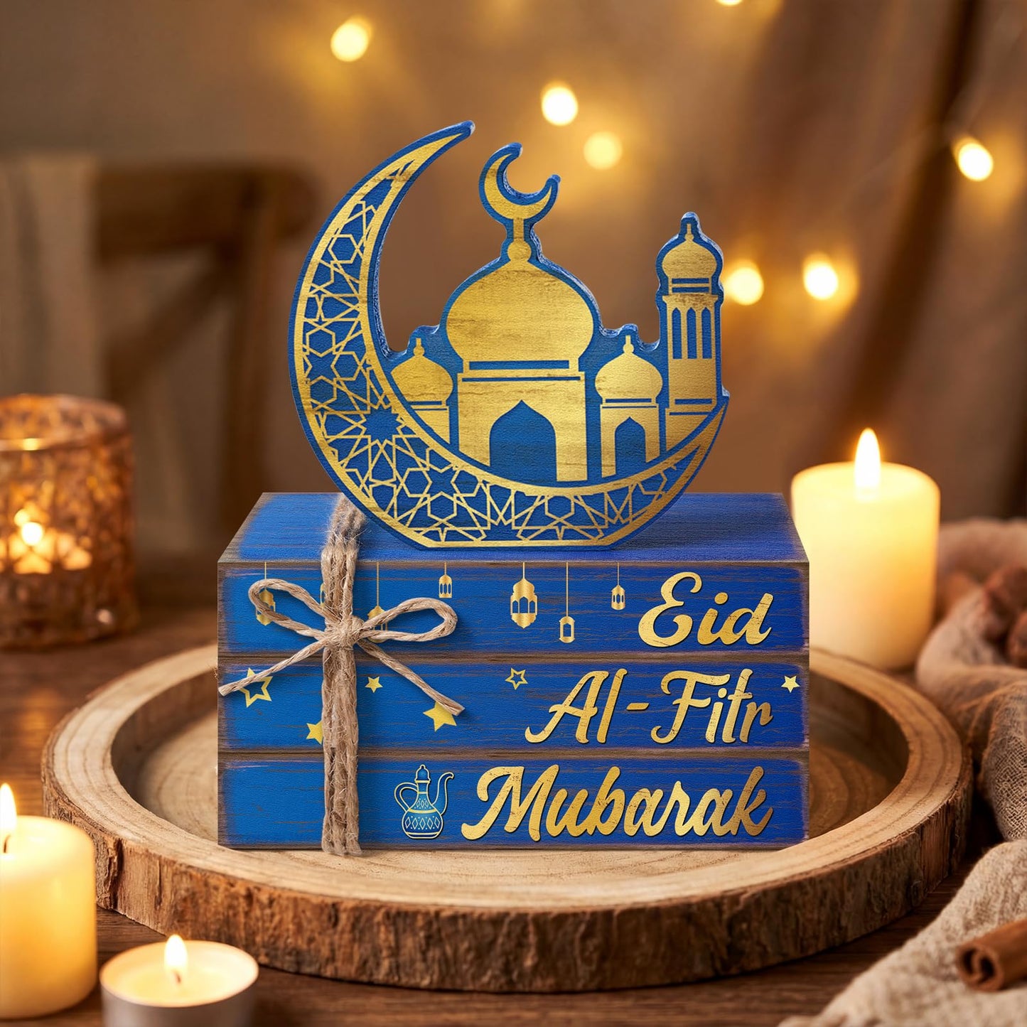 Geelin 4 Pcs Eid Mubarak Tiered Tray Decor Wooden Book Stack Signs, Blue Gold Islamic Crescent Moon Mosque Table Centerpiece for Ramadan Home Shelf Coffee Bar Mantel Decorations