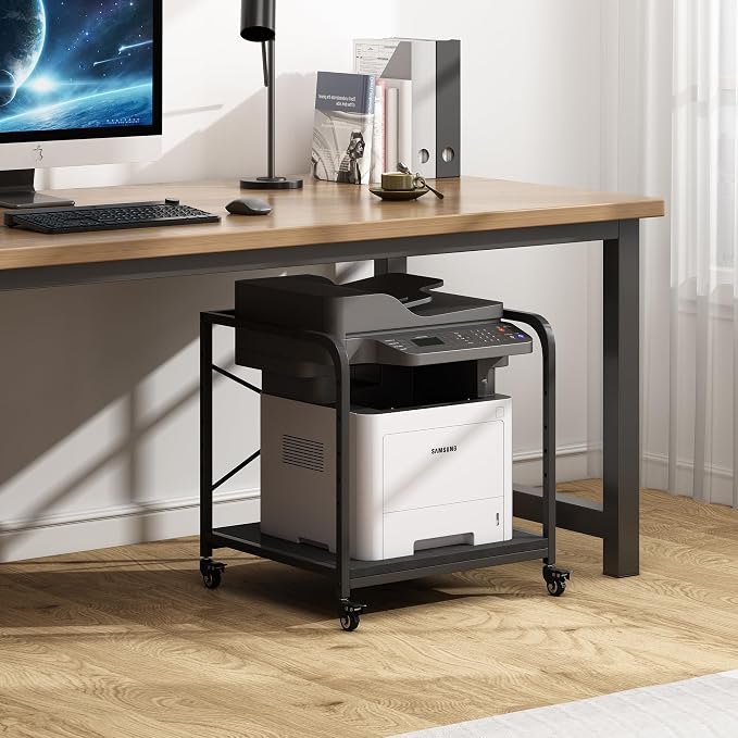 Fannova 2 Tier Under Desk Printer Stand with Storage, 20 Inches Deep Large Printer Table with Height Adjustable Shelf, Rolling Printer Cart with Wheels for Home Office - Black