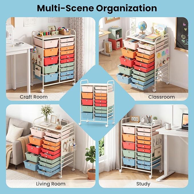 GOFLAME 15-Drawer Rolling Storage Cart with Pegboard, Craft Storage Cart with Lockable Wheels and Metal Frame, Art Cart Supply Storage Organizer for Home Office Classroom, Macaron Color