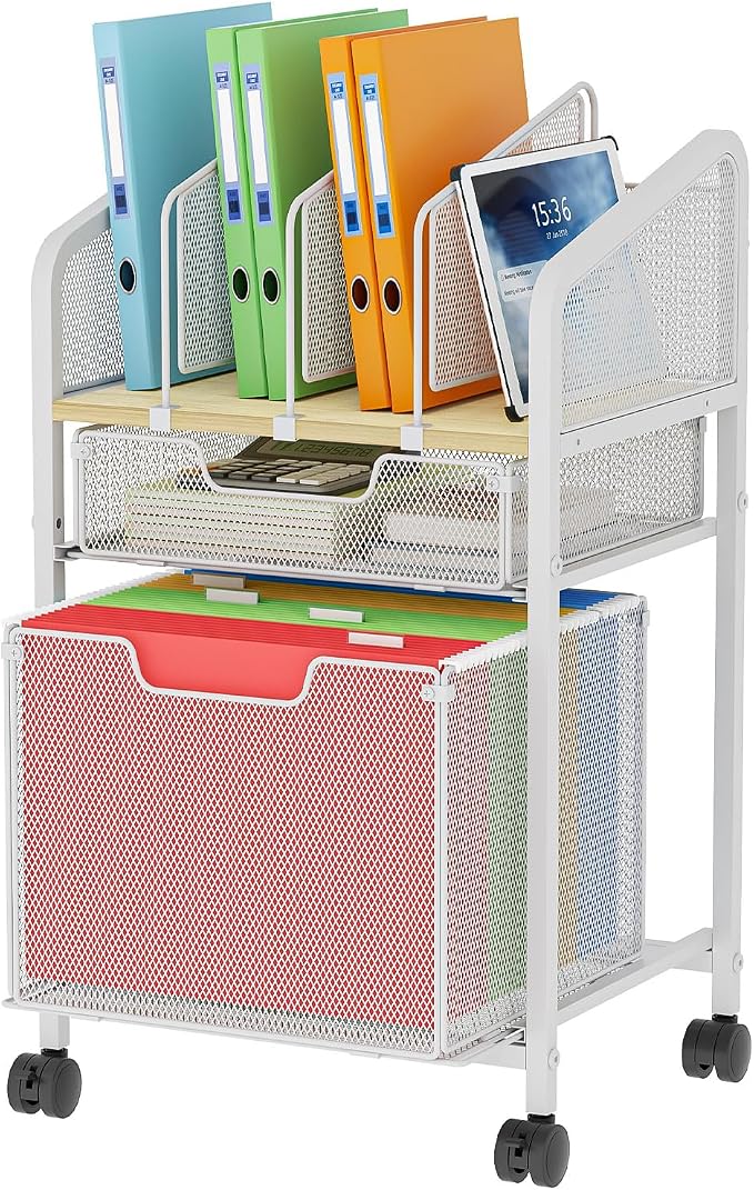 Rolling File Cabinet with Adjustable Dividers, Mobile Filing Cabinet with 2 Storage Drawers on Lockable Wheels, Hanging File Organizer Beside Under Desk for Office, Home, White(Patent Pending)