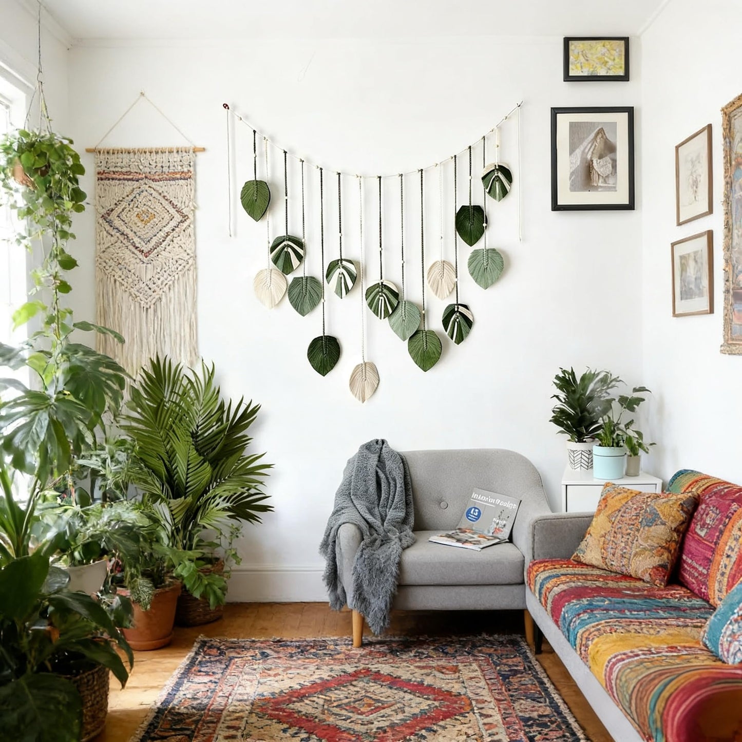 M MANUAL Macrame Leaves Wall Hanging 47.3x29.5Inch Large Chic Feather Boho Macrame Wall Decor Leaf Hanging Photo Display Handmade Woven Wall Art 16pcs Leaf Tapestry - Green