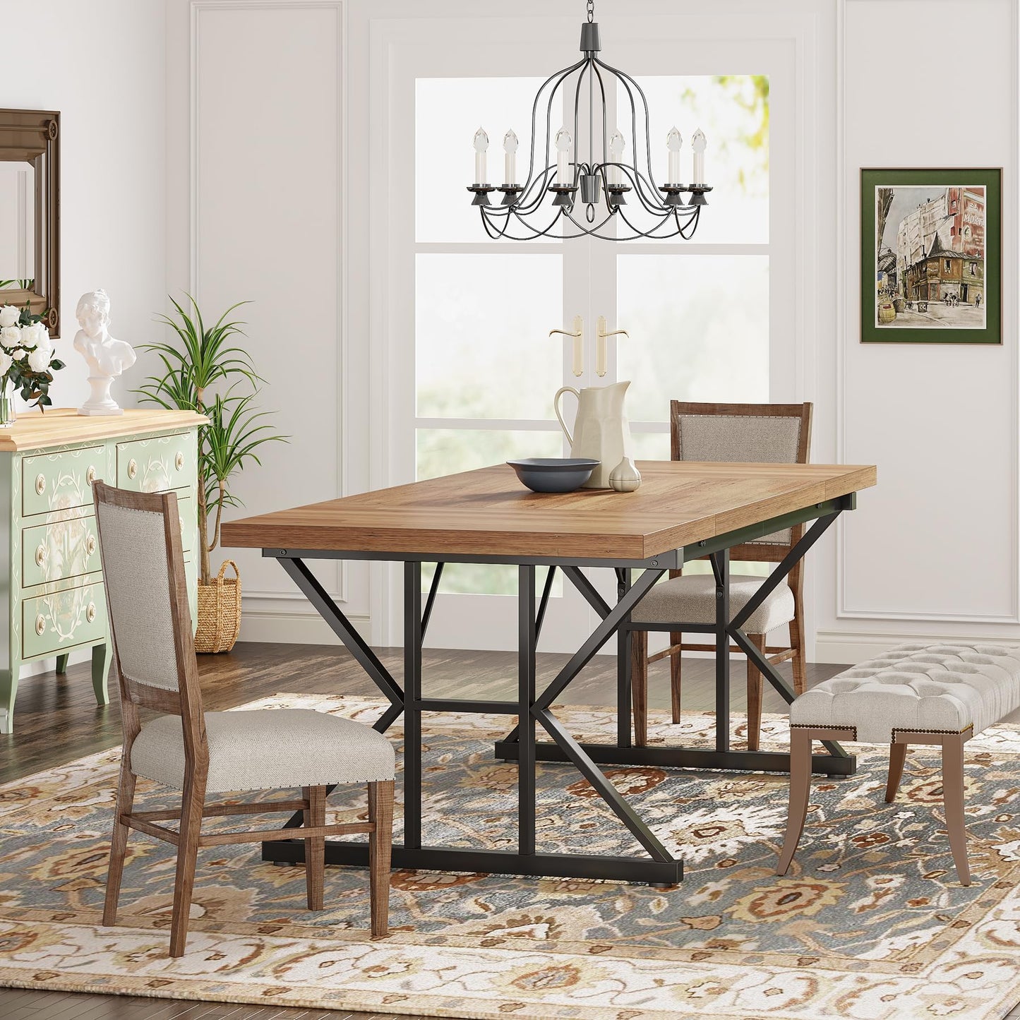 Tribesigns Farmhouse Dining Table for 6 People, 70.8-Inch Rectangular Wood Dining Table, Rustic Kitchen Table with Heavy Duty Metal Legs for Dining Room (Light Brown, 70.8 Inch)