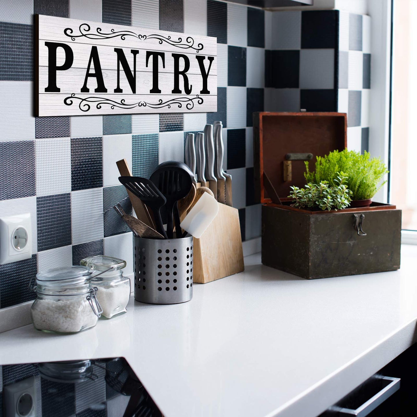 Jetec Pantry Sign Wall Decor Farmhouse Pantry Signs Wood Rustic Retro Hanging Wooden Art Plaque Decorative for Kitchen Restaurant Door Room Home Decoration, 16 x 6 Inch(White)