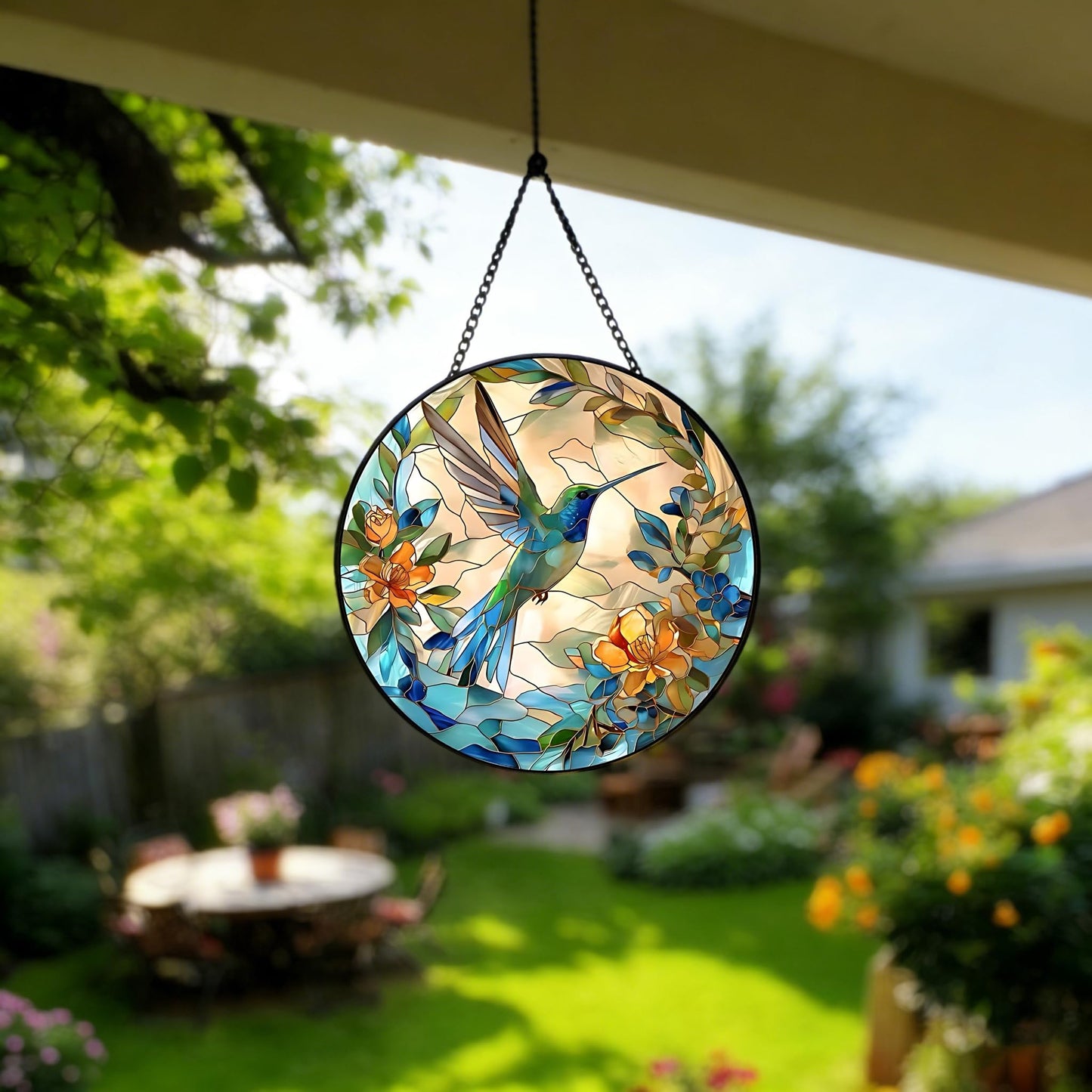 9.8 In Hummingbird Stained Glass Window Hanging, Large Stained Glass Suncatcher for Indoor Home Decor, Vibrant Bird & Flower Window Suncatcher Ornament for Garden, Ideal Gift for Women Mom Bird Lovers