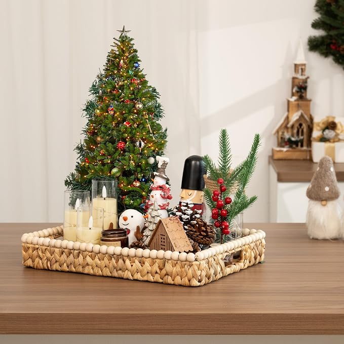 StorageWorks Rectangle Decorative Trays for Home Decor Farmhouse, Wicker Coffee Table Tray Decor with Wooden Beads and Handles, Large Woven Dining Room Decor Tray for Kitchen Counter, Living Room