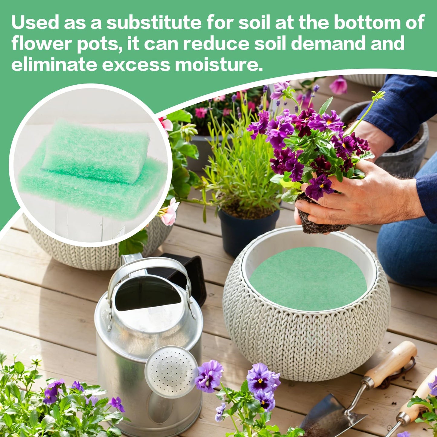 WSFSLJWDW 2-Pack Flower Pot Filler Insert Set with 59.05"x11.81" Green Drainage Mat & Black Gloves - Lightweight Planter Base for Indoor/Outdoor Garden Containers