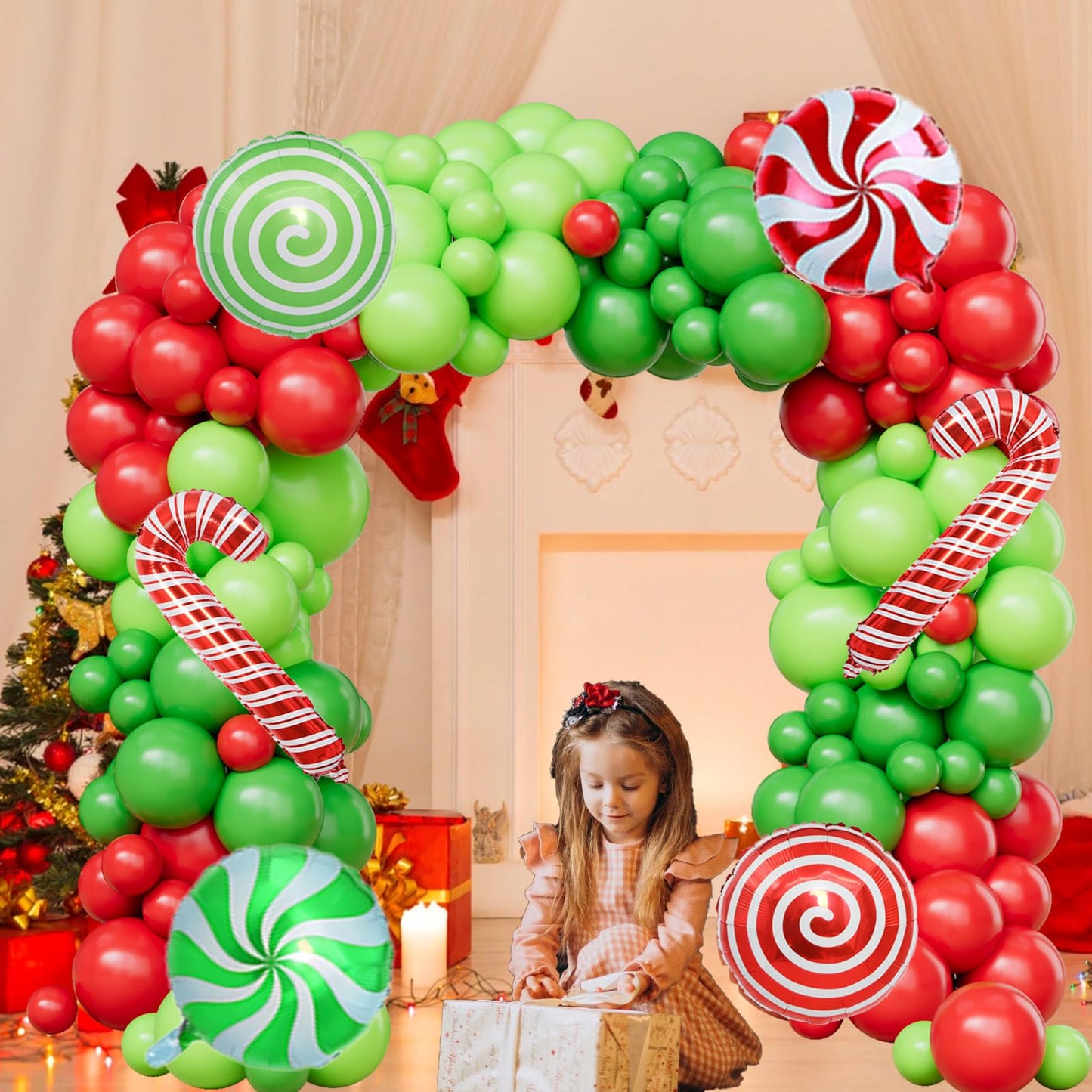 Christmas Balloon Arch Kit -129pcs Christmas Balloons With 18inch 12inch 5inch Green Red Lime Green Latex Balloons Candy Cane Balloons For Xmas Party Decorations