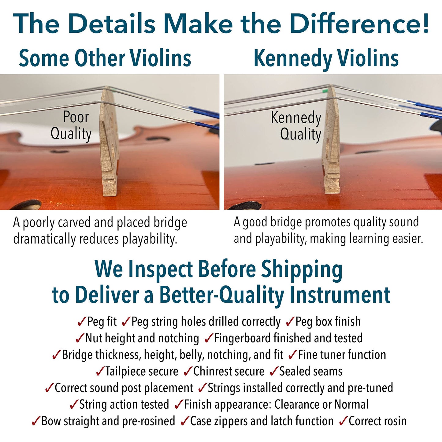 Bunnel Pupil Violin Outfit 4/4 Full Size Clearance By Kennedy Violins - Carrying Case and Accessories Included - Solid Maple Wood and Ebony Fittings RB300