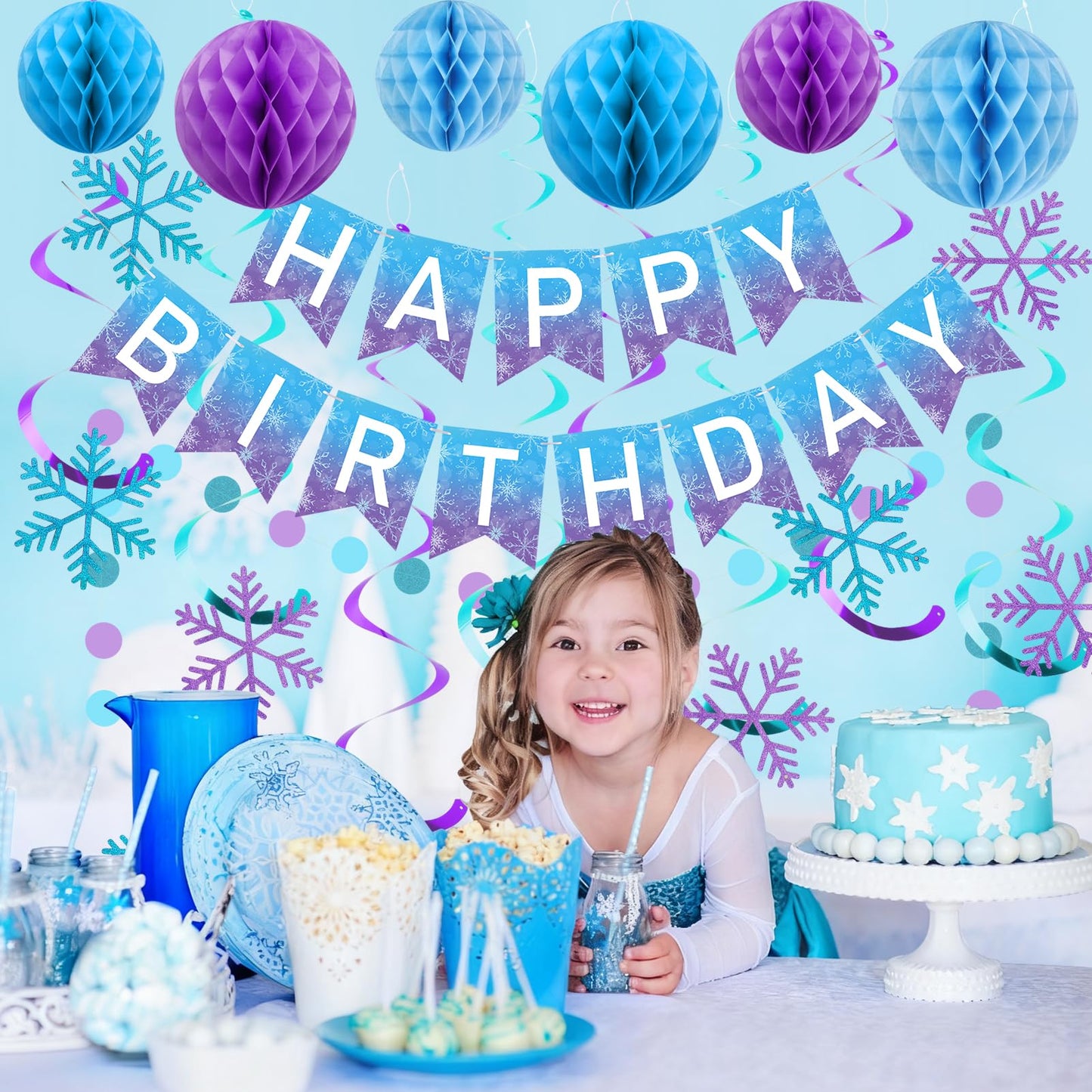 meowtastic Frozen Birthday Party Decorations - Happy Birthday Banner with Honeycomb Balls, Snowflake Hanging Swirls Streamers, Circle Dots Garland Decorations - Party Decor for Boys Girls (Frozen)
