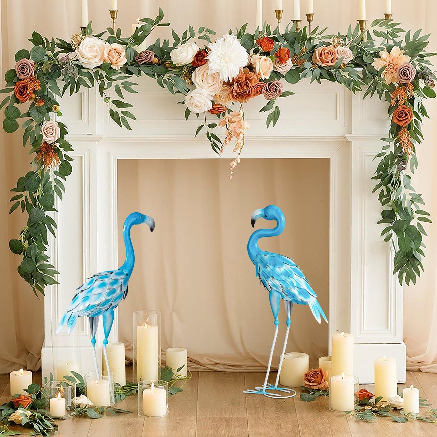 SUNREEK Metal Flamingo Statues, 2Pcs Blue Flamingo Yard Art Sculptures for Garden Home Patio Lawn Backyard Decorations