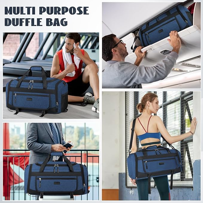 IGOLUMON Gym Bag for Men 55L Sports Duffel Bags Gym Duffle Bag Women with Shoe Compartment & Wet Pocket Water Resistant Travel Duffel Bag Lightweight Weekender Overnight Bag Blue