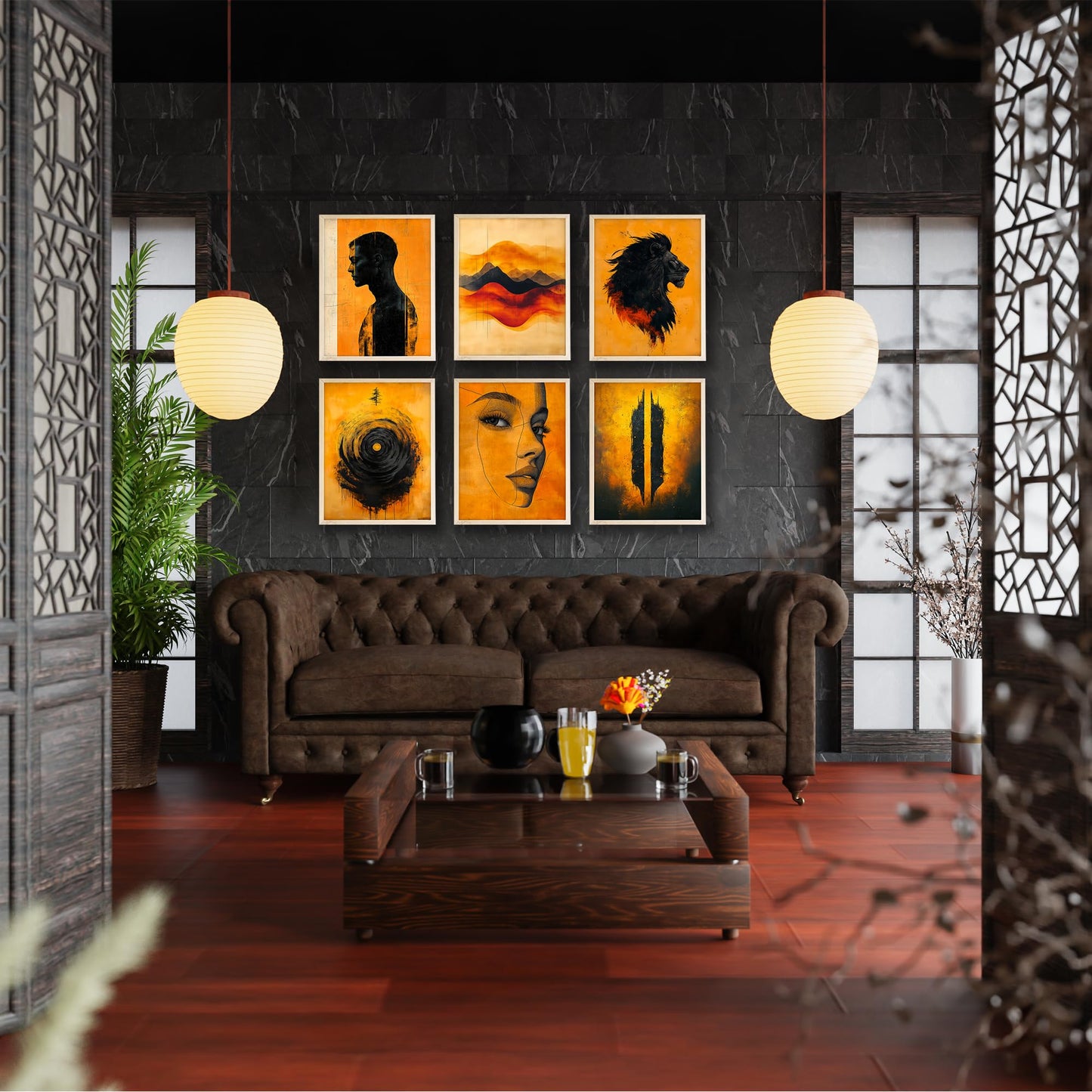 Eastern Print Set of 6 Abstract Masculine Wall Art Prints โ Bold Orange & Black Lion, Silhouette, Face Line Posters โ Modern Unframed 8x10 Decor for Menโs Room, Office, Man Cave or Creative Studio