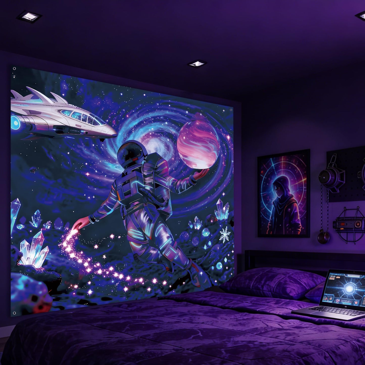 Kosydown Basic Astronaut Space Tapestry Glow in the Dark Room Decor Wall Tapestries, Cool Galaxy Planet Wall Hanging for Men Guys Gamer Room Dorm Living Room 50" L x 40" W