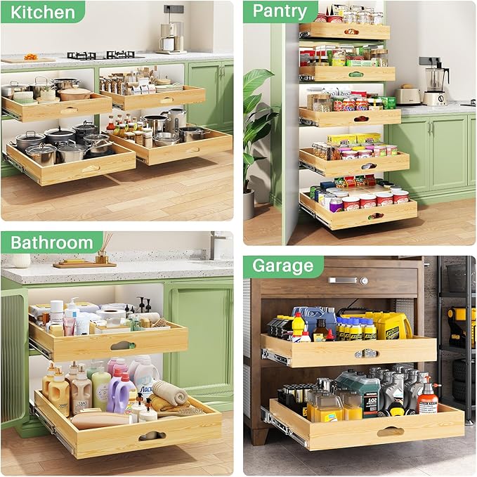 Pull Out Cabinet Organizer, Soft Close Wooden Slide Out Drawers for Pots and Pans, Full-extension Roll Out Shelves for Kitchen Cabinets, Pantry Organization, Bottom & Side Mount(21"W X 21"D x 3.4''H)