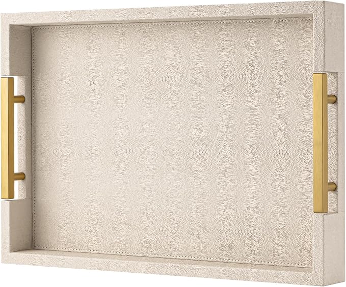 Beige Faux Leather Serving Tray with Handles – Large Decorative Tray for Coffee Table, Ottoman, Living Room, Bathroom – Home Decor
